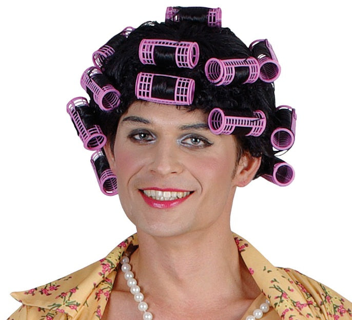 Funny Housewife Wig - Granny with Rollers Black