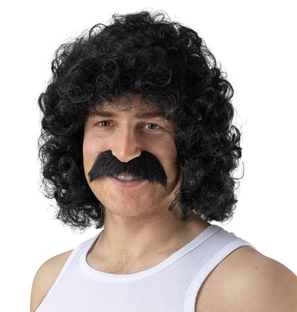 Conjunto de peluca y bigote para permanente de los años 80 - Negro