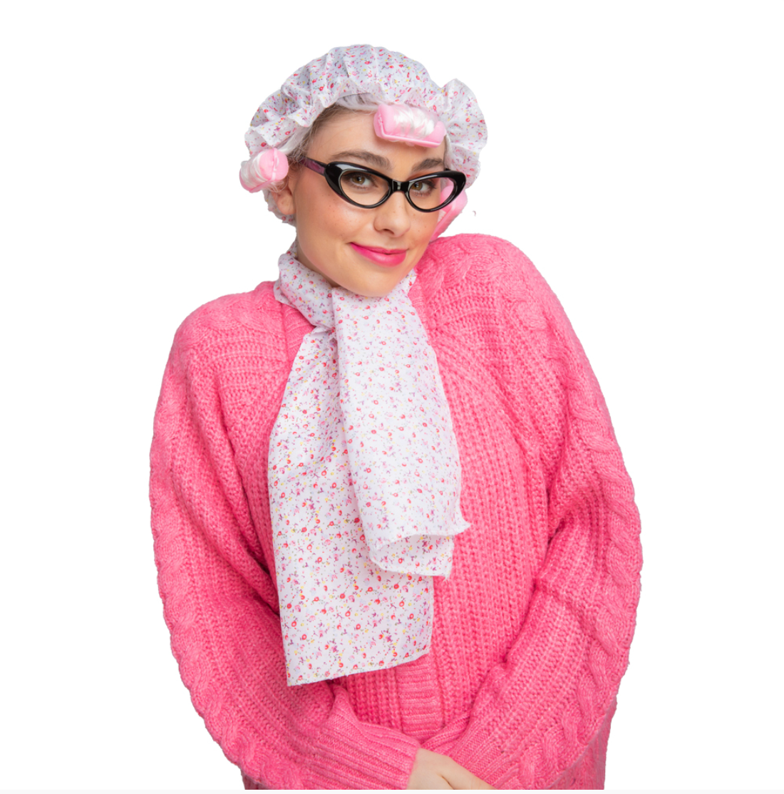 Instant Old Lady Kit - Hat w. Rollers, Glasses & Scarf