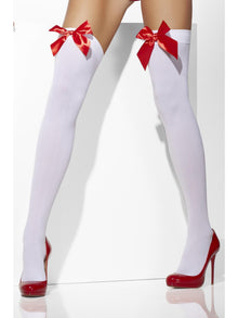 White Hold up Stockings with Red Bow