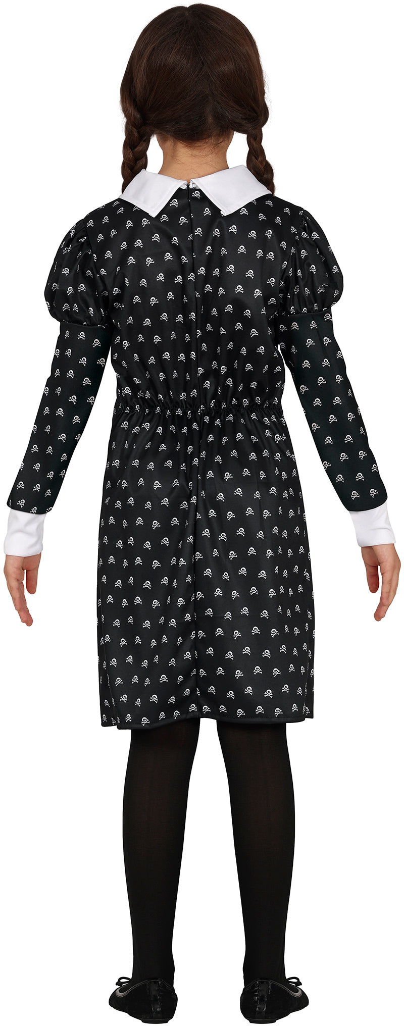 Girl wearing a black dress with white patterns and a white collar on a white background