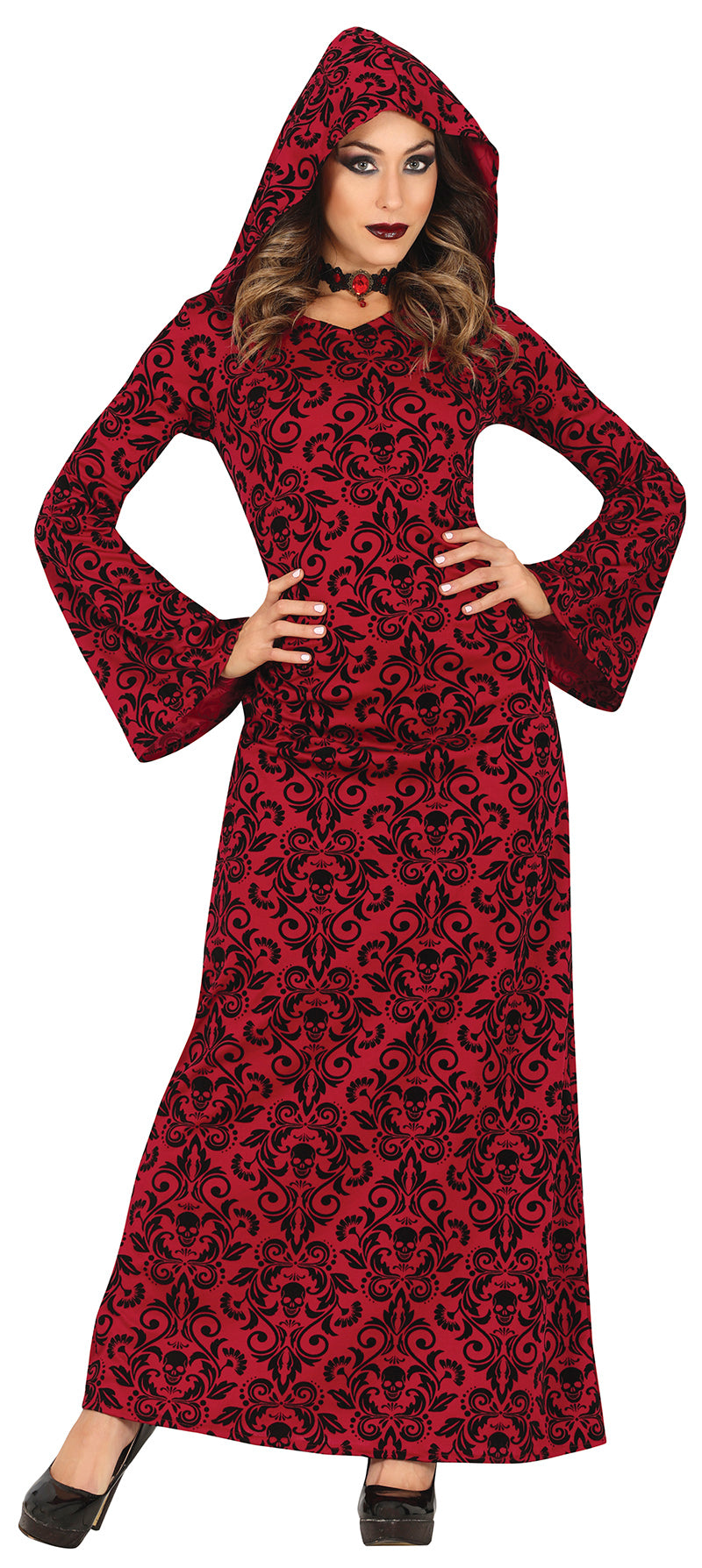 Red and black patterned hooded dress worn by a model