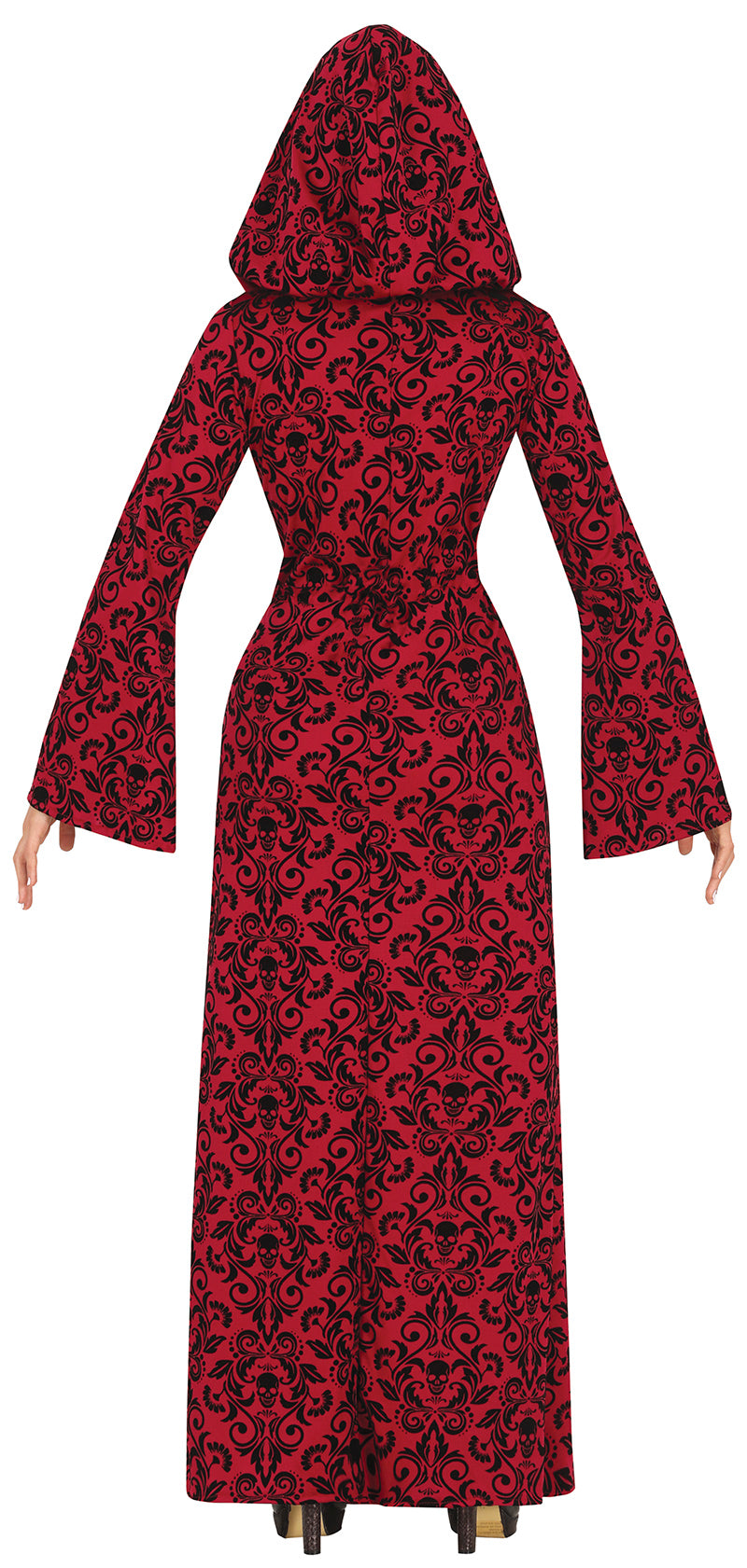 Red dress with black floral pattern and long sleeves on a white background