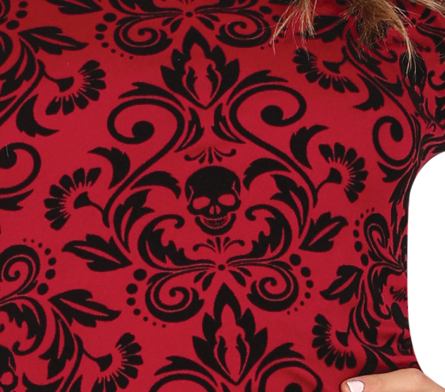 Red fabric with black floral and skull pattern