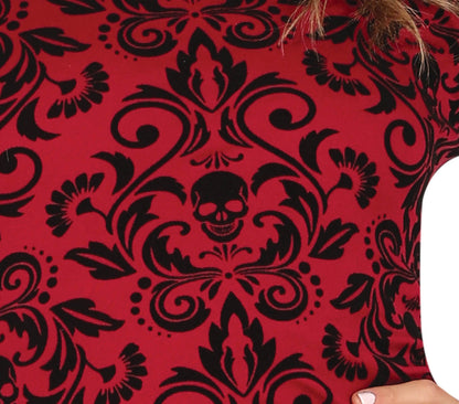 Red fabric with black floral and skull pattern