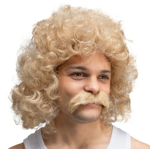 80s Perm Wig & Moustache Set - Blonde