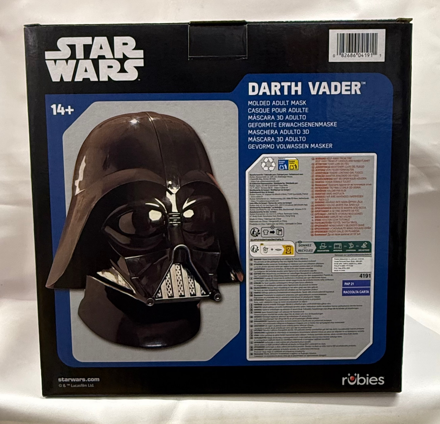 Star Wars Darth Vader mask packaging with branding and product details.