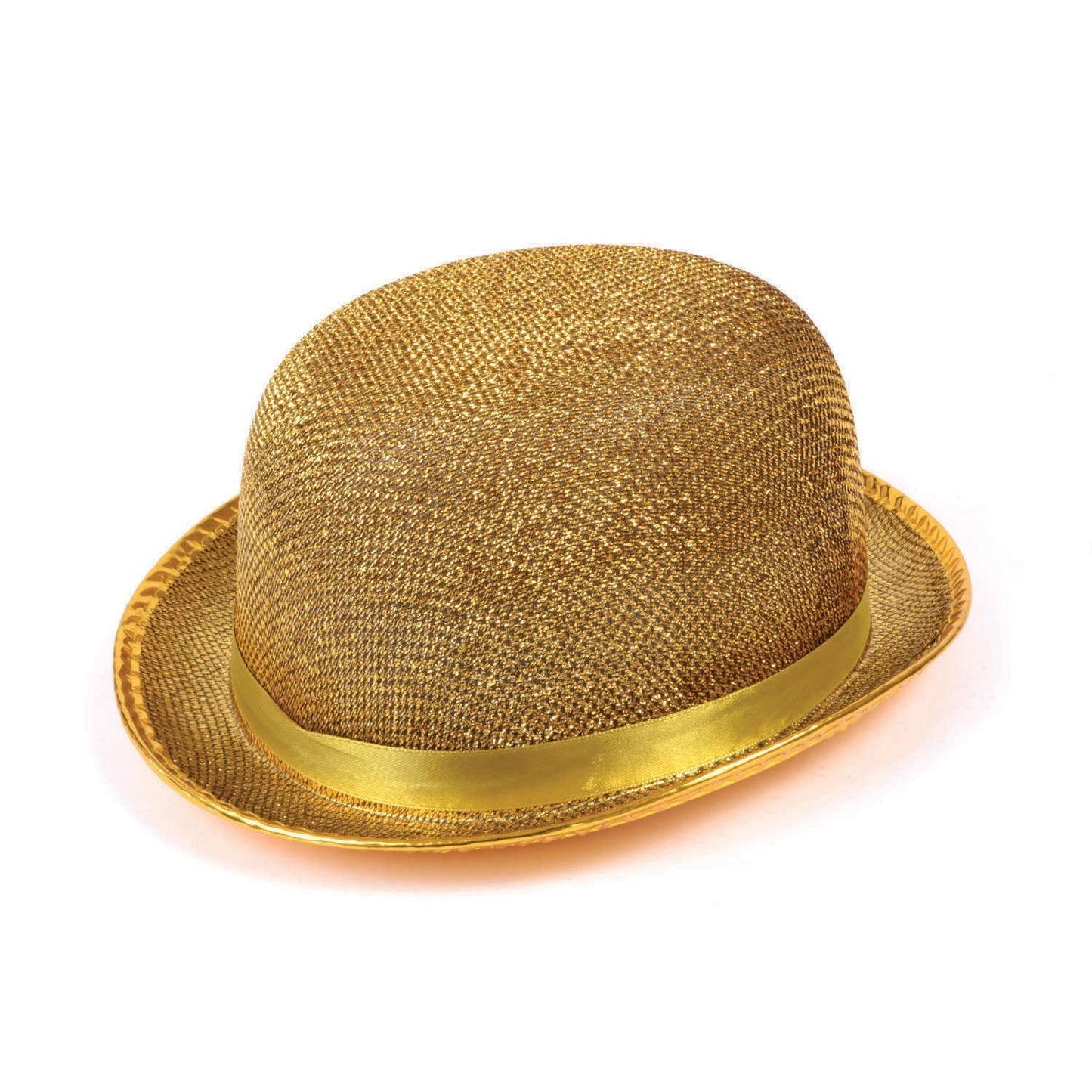 Gold Glitter Bowler hat with a gold band on a white background
