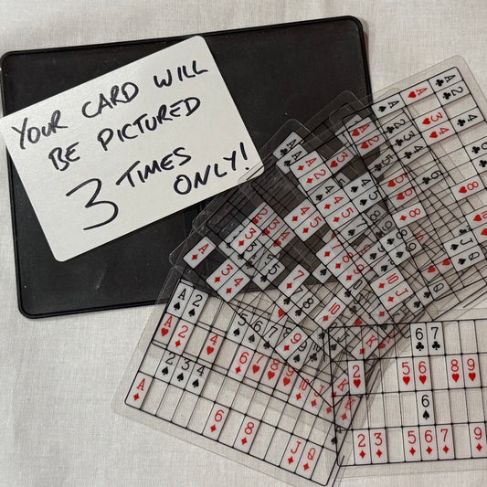 Set of playing cards with a black case and a sign indicating 'Your card will be pictured 3 times only!' on a light background.