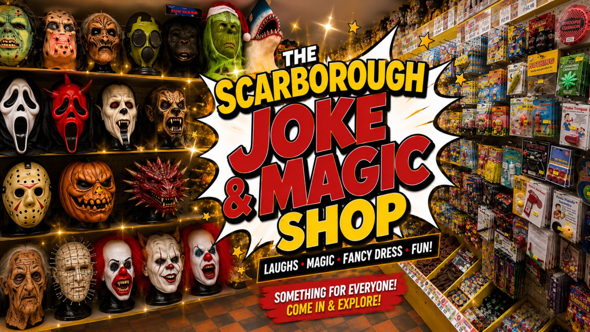 Promotional image inside Scarborough Joke Shop show mask and joke products on shelves.