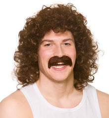 80s Perm Wig & Moustache Set - Brown - The Scarborough Joke Shop