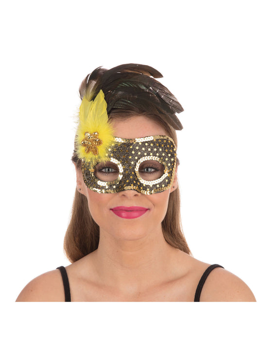 Máscara de lentejuelas negra/dorada y plumas amarillas 