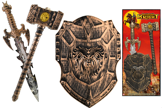 Conjunto de armas de espada, martillo y escudo