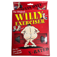 The product is a novelty exercise device called the 'Willy Exerciser', designed for strengthening male genital muscles. It is packaged in a red and black box with cartoon illustrations and text, highlighting its original and X-rated nature.